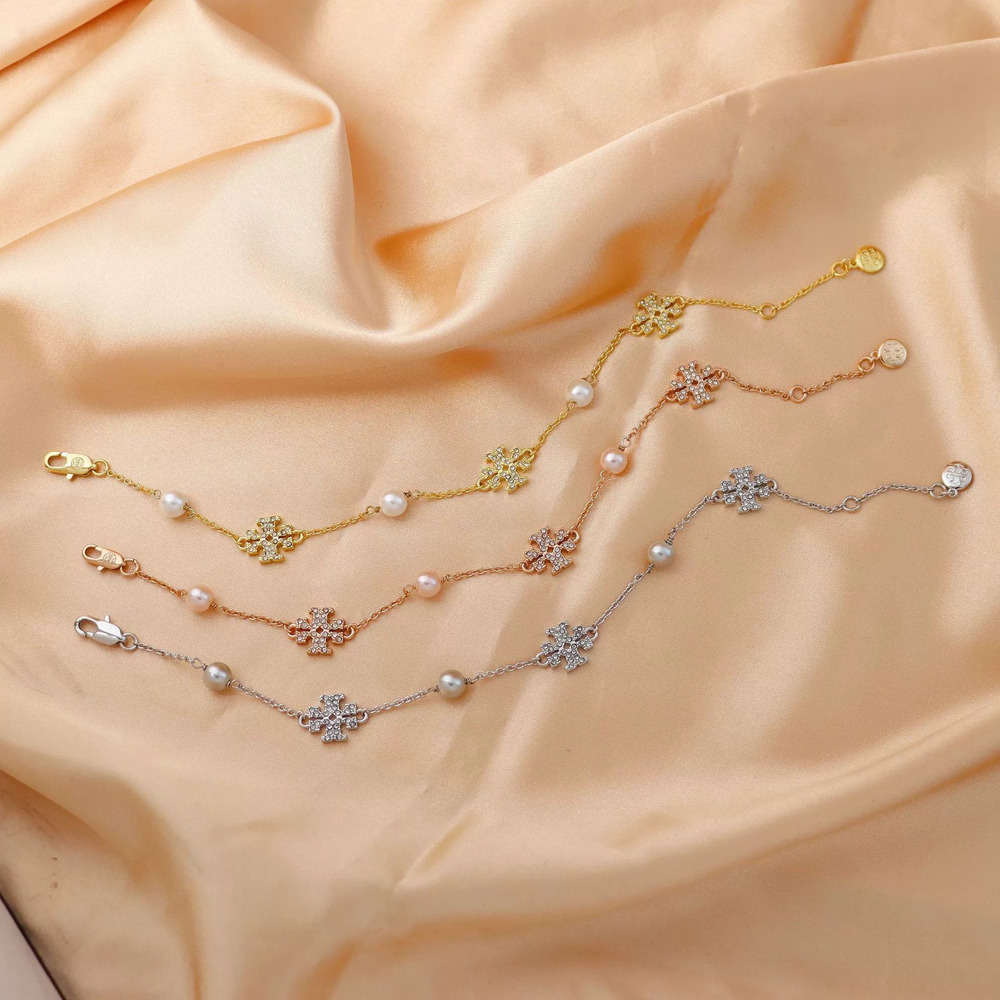 Tory Burch Classic Gold Plated Copper Zircon Pearl Bracelet